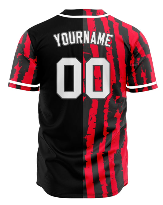 Custom Red Black Vertical Lines Half Baseball Jersey