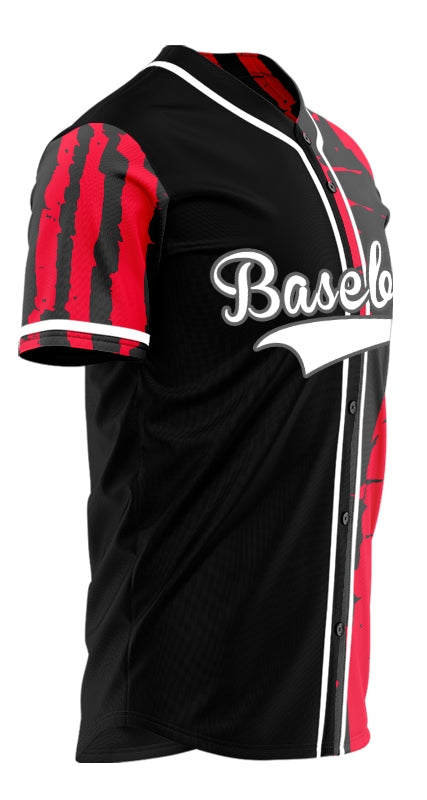 Custom Red Black Vertical Lines Half Baseball Jersey
