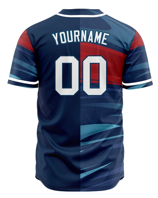 Custom Red Dark Blue Dynamic Half Baseball Jersey