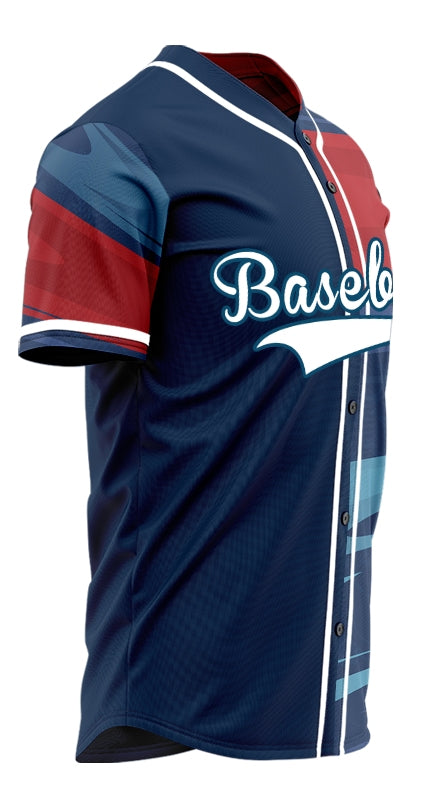 Custom Red Dark Blue Dynamic Half Baseball Jersey