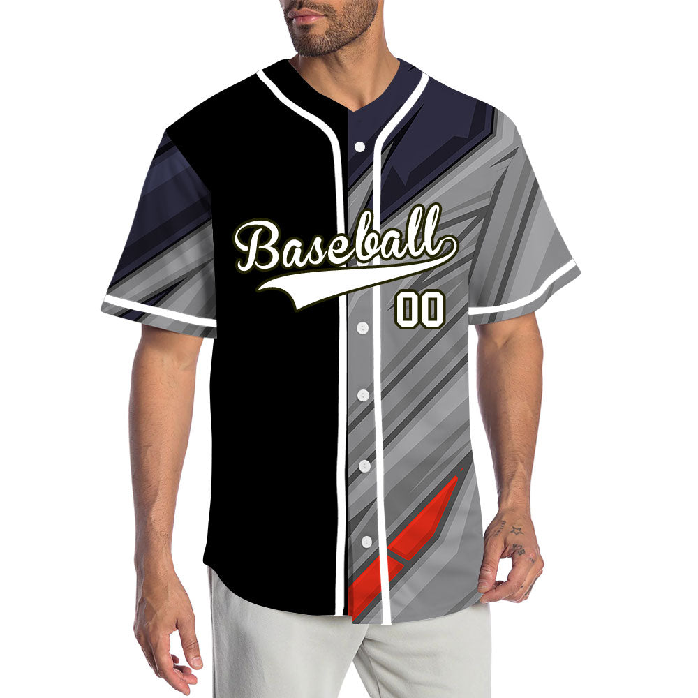 Custom Red Grey Blue Lines Half Baseball Jersey