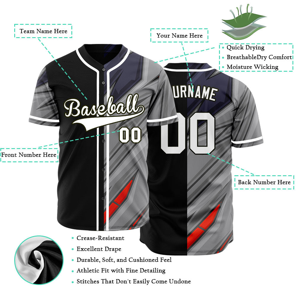 Custom Red Grey Blue Lines Half Baseball Jersey