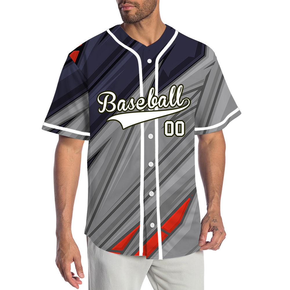 Custom Red Grey Dark Blue Lines Baseball Jersey