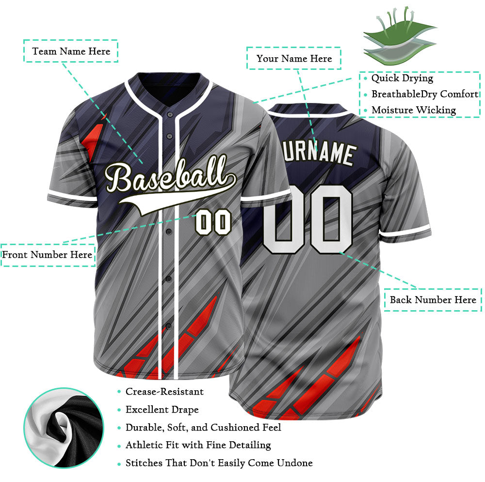 Custom Red Grey Dark Blue Lines Baseball Jersey