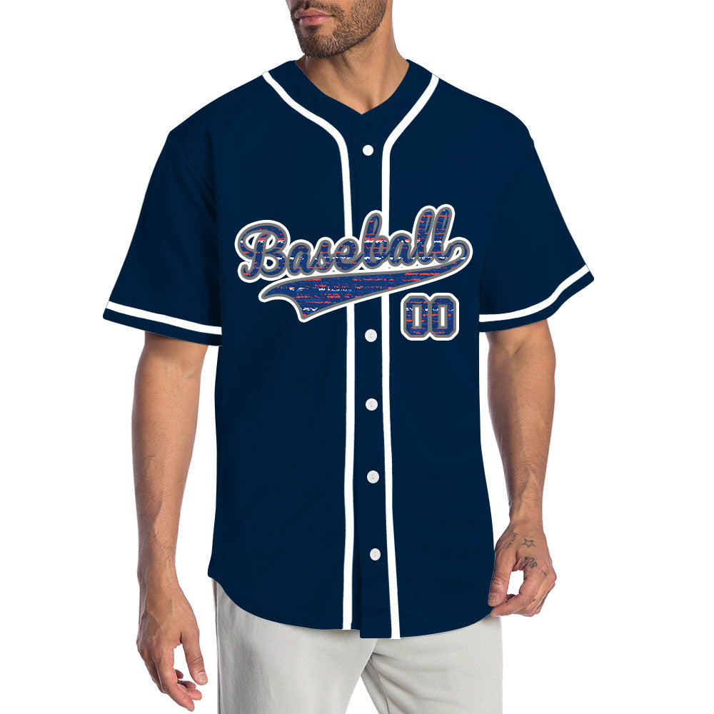 Custom Red Horizontal Lines Dark Blue Baseball Jersey