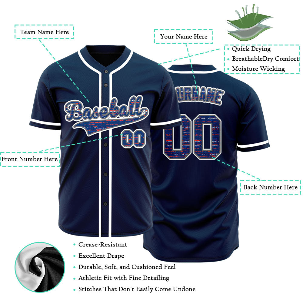 Custom Red Horizontal Lines Dark Blue Baseball Jersey