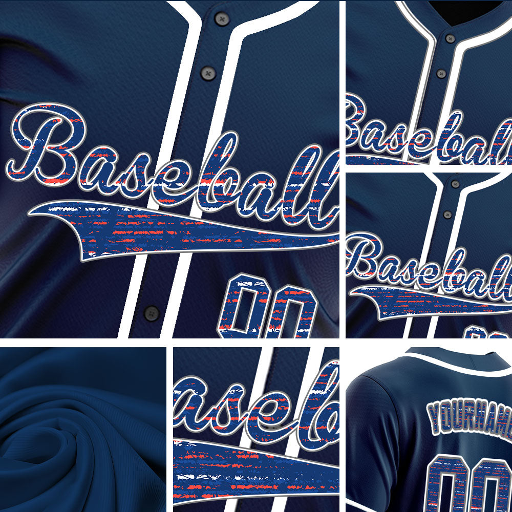 Custom Red Horizontal Lines Dark Blue Baseball Jersey