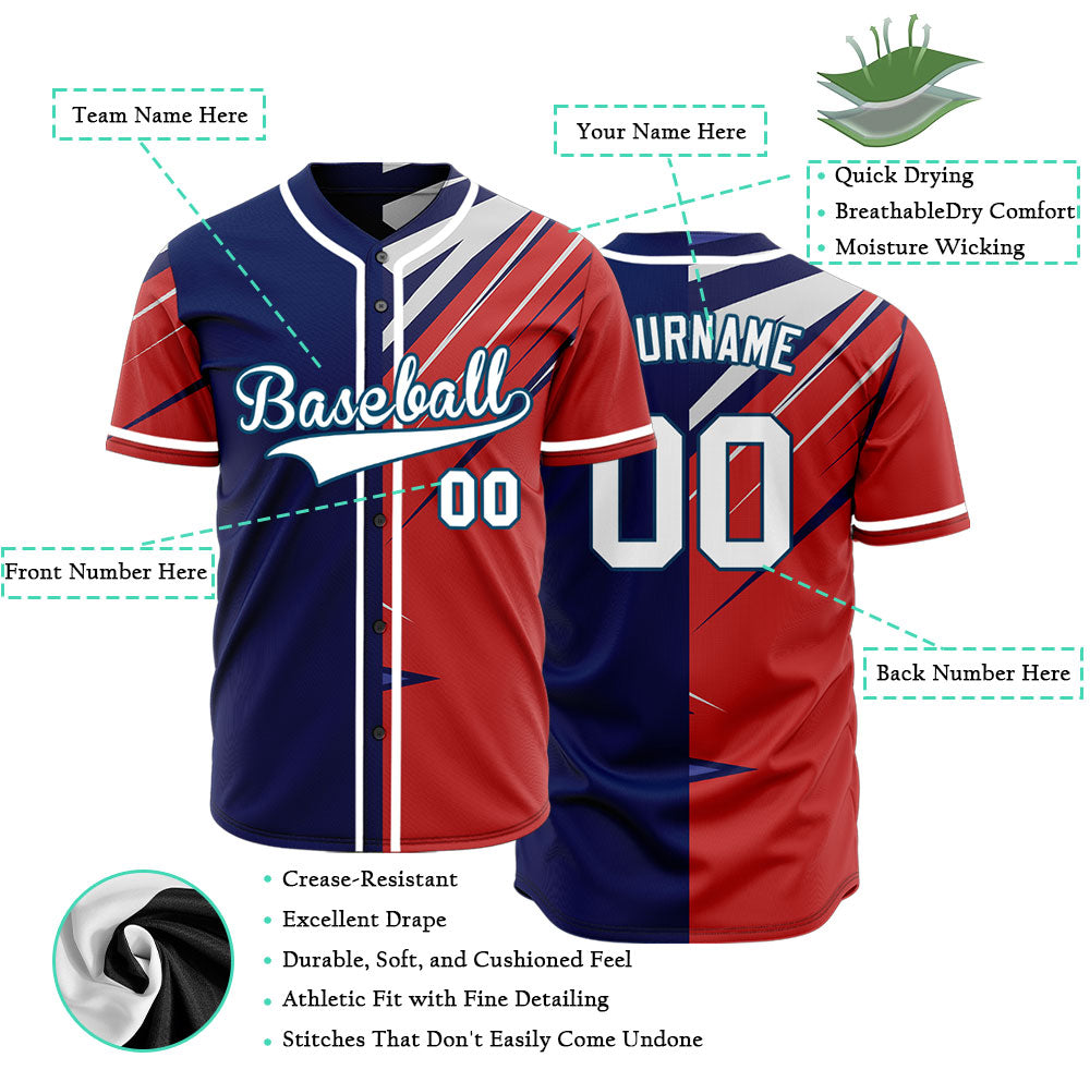 Custom Red Purple Grey Lines Half Baseball Jersey