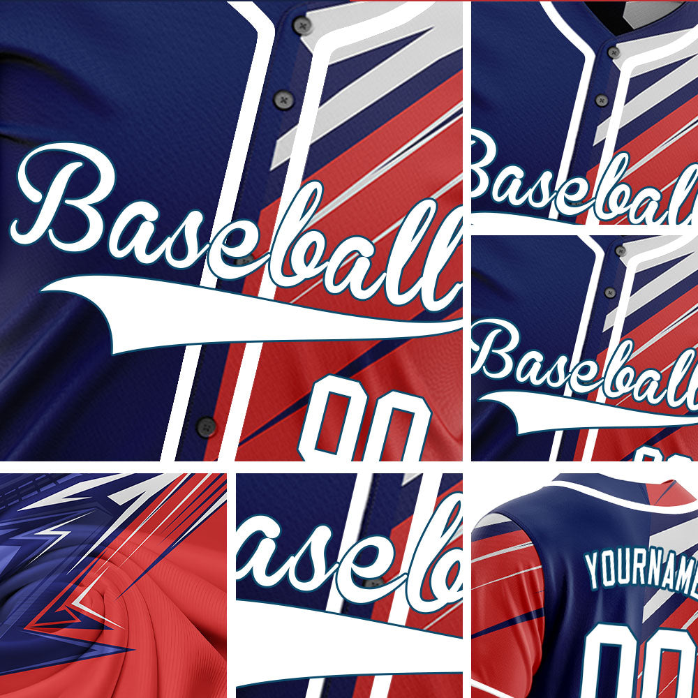 Custom Red Purple Grey Lines Half Baseball Jersey