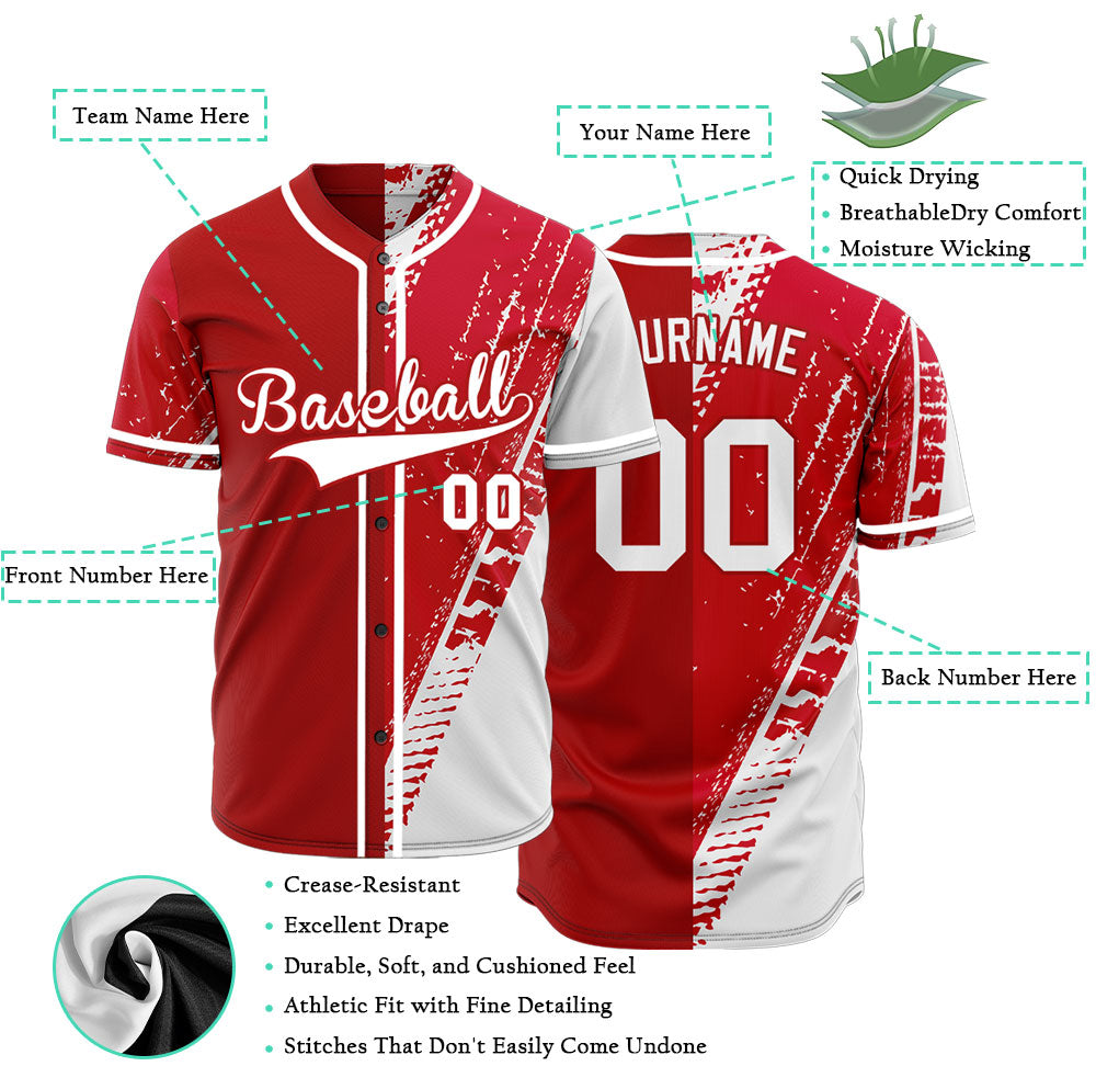 Custom Red Tire Marks Half Baseball Jersey