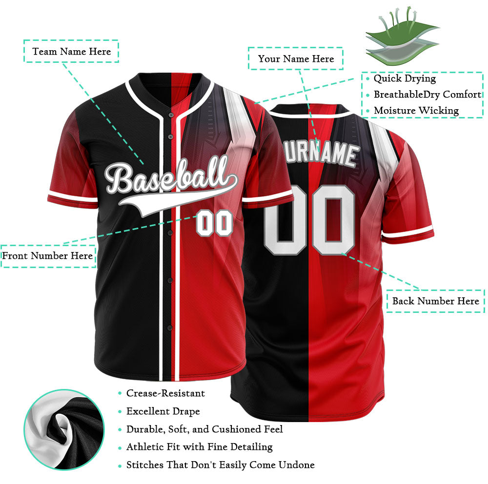 Custom Red White Black Gradient Half Baseball Jersey