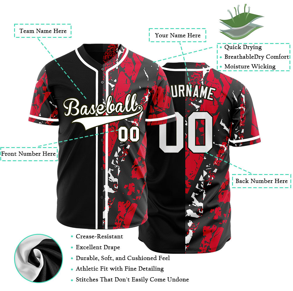 Custom Red White Black Ink Half Baseball Jersey
