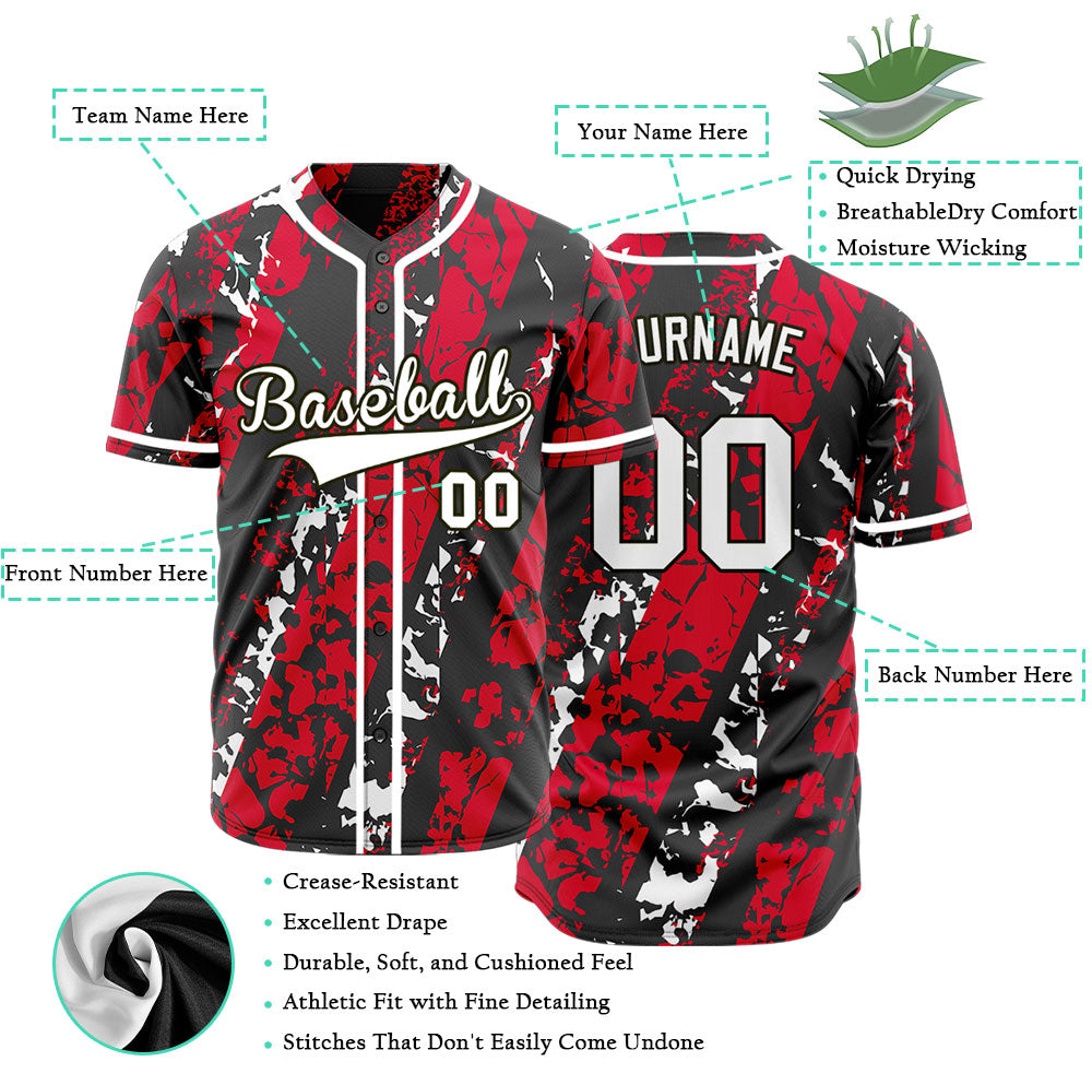 Custom Red White Black Tire Tracks Baseball Jersey