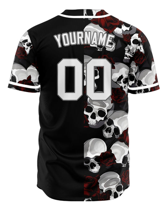 Custom Skull White And Red Half Baseball Jersey