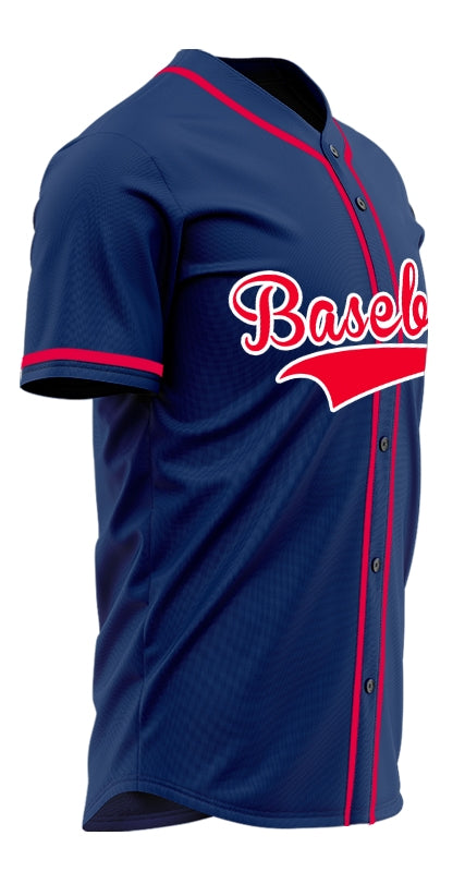 Custom Dark Blue And Red Baseball Jersey