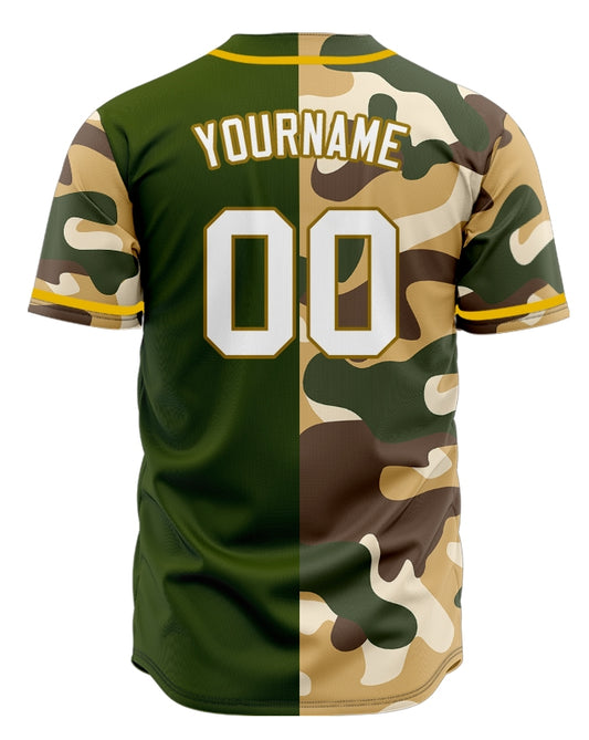 Custom Dark Green Brown Camouflage Half Black Baseball Jersey