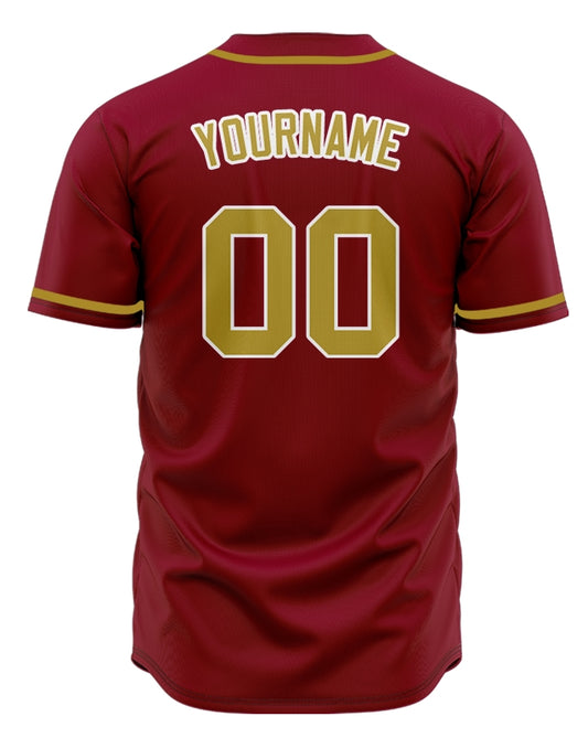 Custom Dark Red And Gold Baseball Jersey