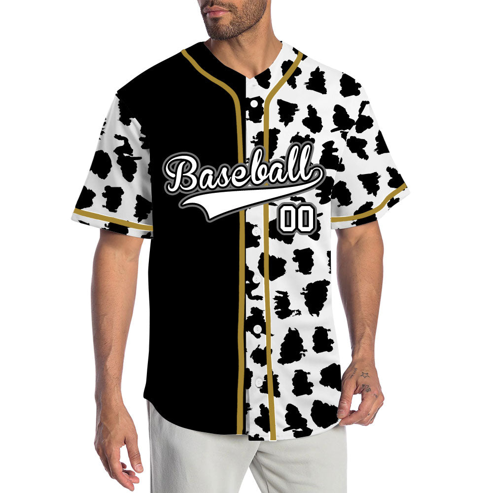 Custom Half Black White Leopard Gold Edge Baseball Jersey
