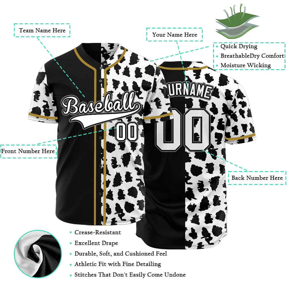 Custom Half Black White Leopard Gold Edge Baseball Jersey