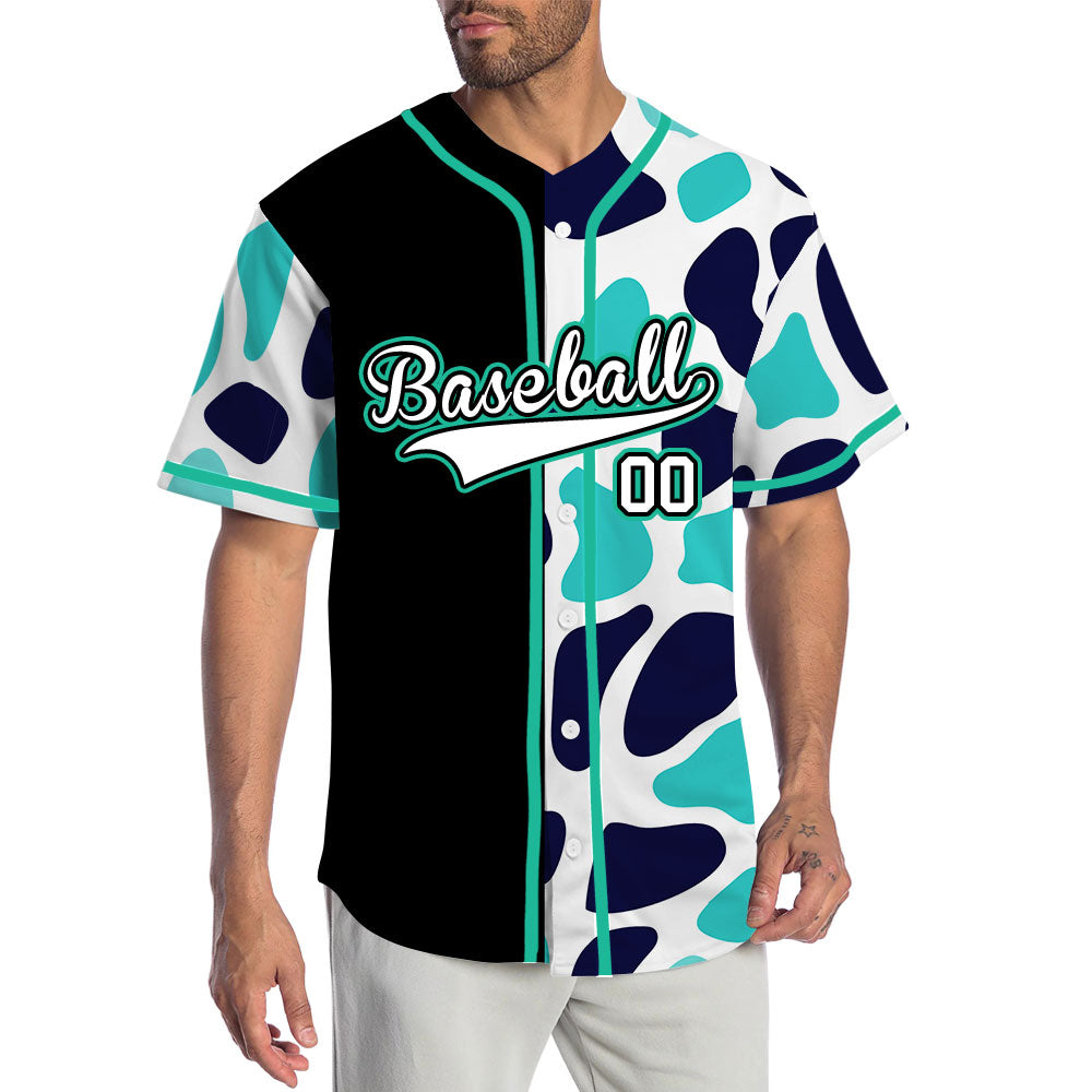 Custom Light Blue Leopard Half Black Baseball Jersey