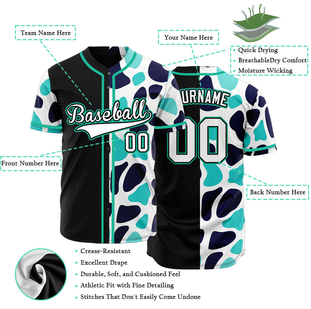 Custom Light Blue Leopard Half Black Baseball Jersey