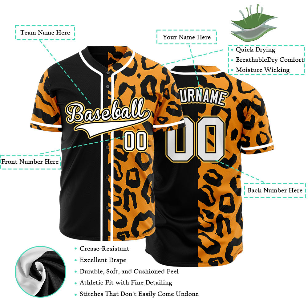 Custom Orange Leopard Half Black Baseball Jersey