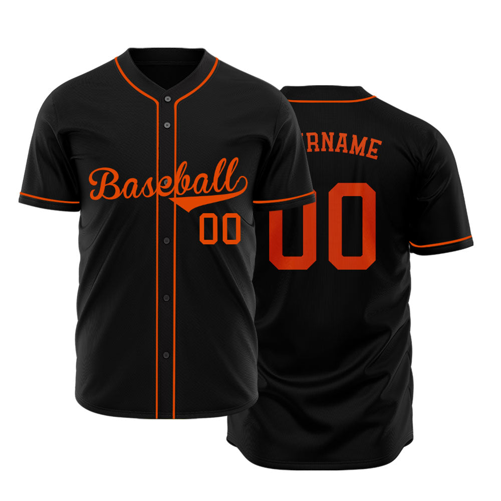 Custom black baseball jersey with orange lettering and piping