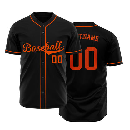 Custom black baseball jersey with orange lettering and piping