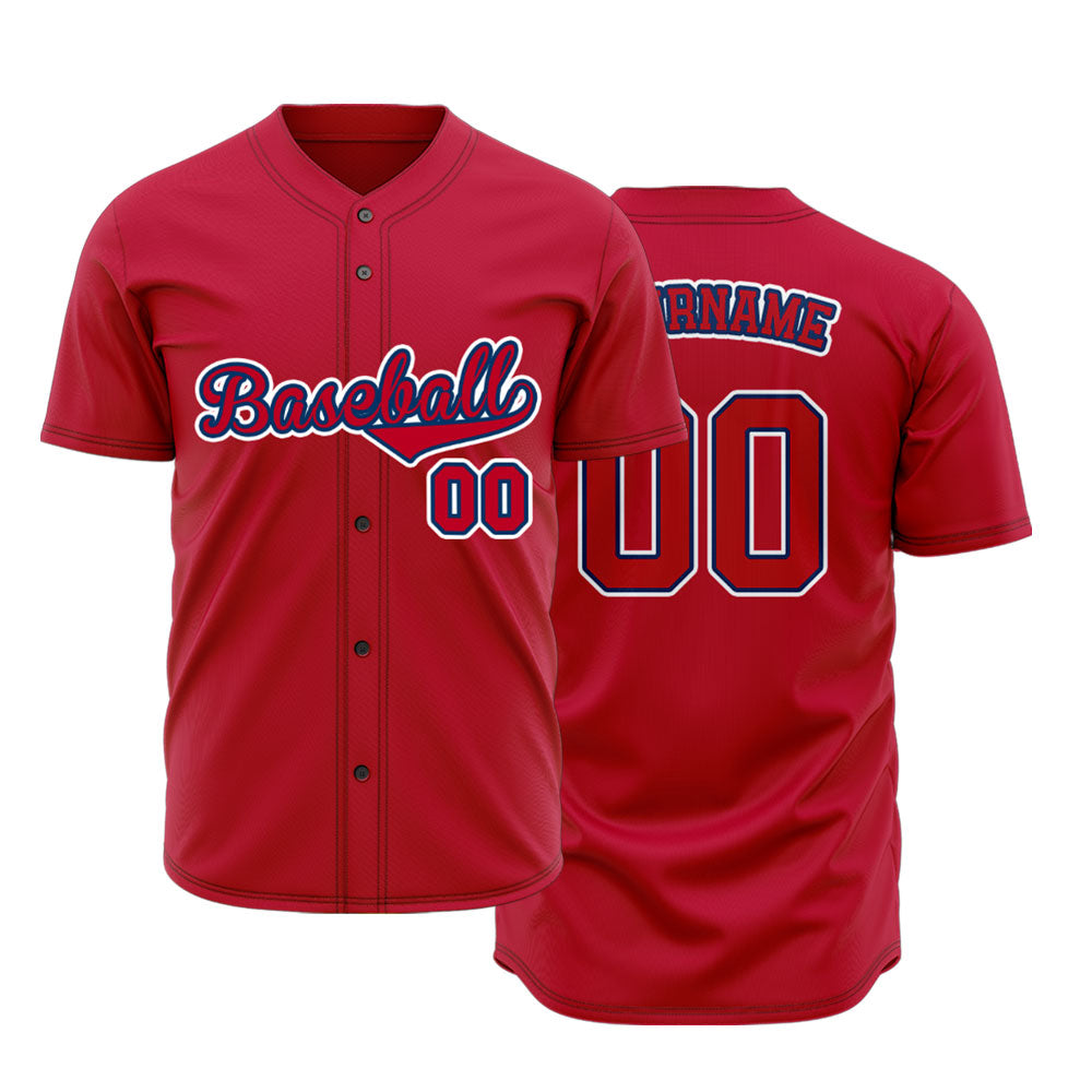 Custom Baseball Jersey with Solid Red Base featuring White Lettering with Blue Outline