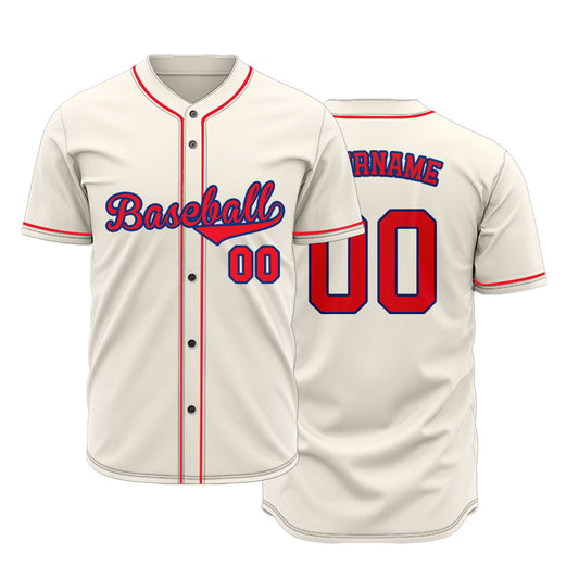 Custom Baseball Jersey with Cream Base featuring Red Lettering with Blue Outline