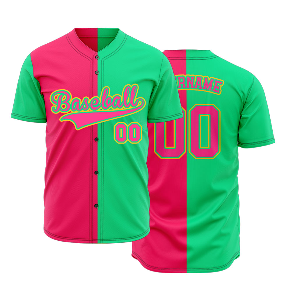 Custom Split Color Baseball Jersey with Neon Green and Hot Pink Panels featuring Yellow Outline Lettering