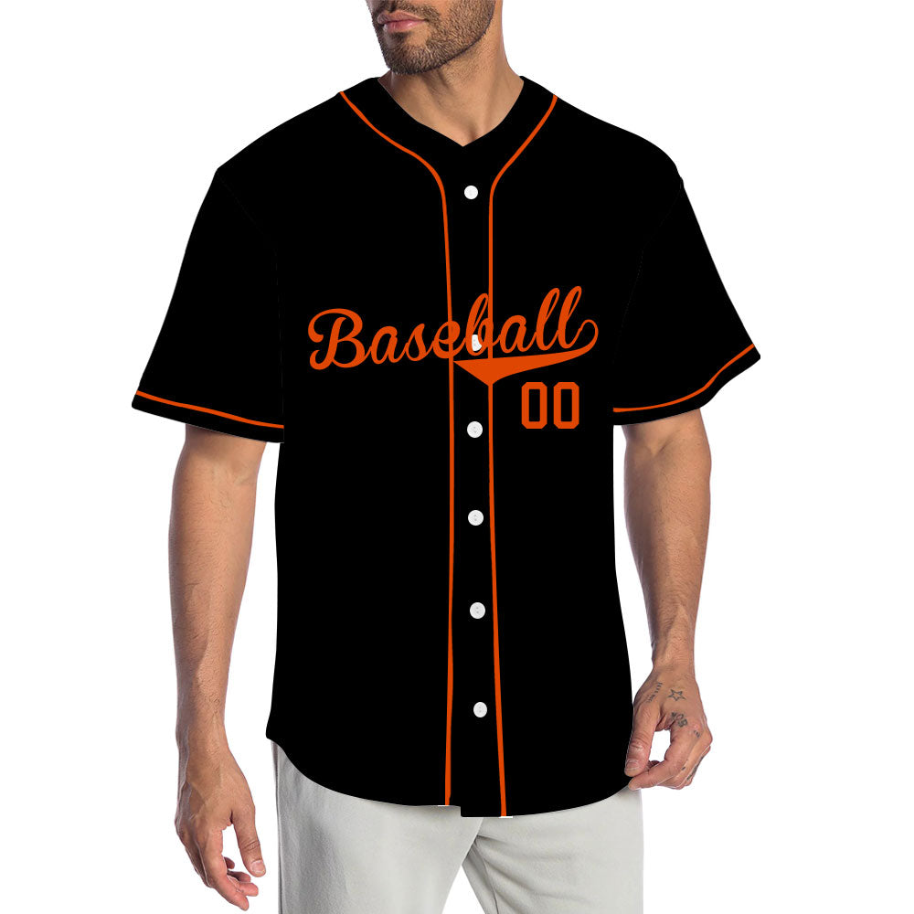 Custom black baseball jersey with orange lettering and piping