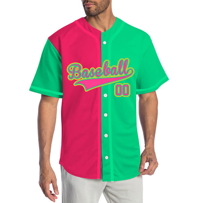 Custom Split Color Baseball Jersey with Neon Green and Hot Pink Panels featuring Yellow Outline Lettering