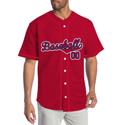 Custom Baseball Jersey with Solid Red Base featuring White Lettering with Blue Outline