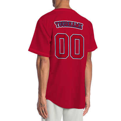 Custom Baseball Jersey with Solid Red Base featuring White Lettering with Blue Outline