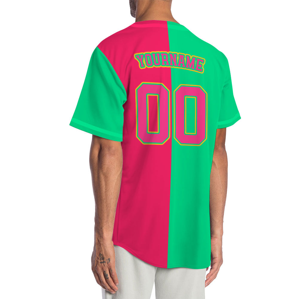 Custom Split Color Baseball Jersey with Neon Green and Hot Pink Panels featuring Yellow Outline Lettering