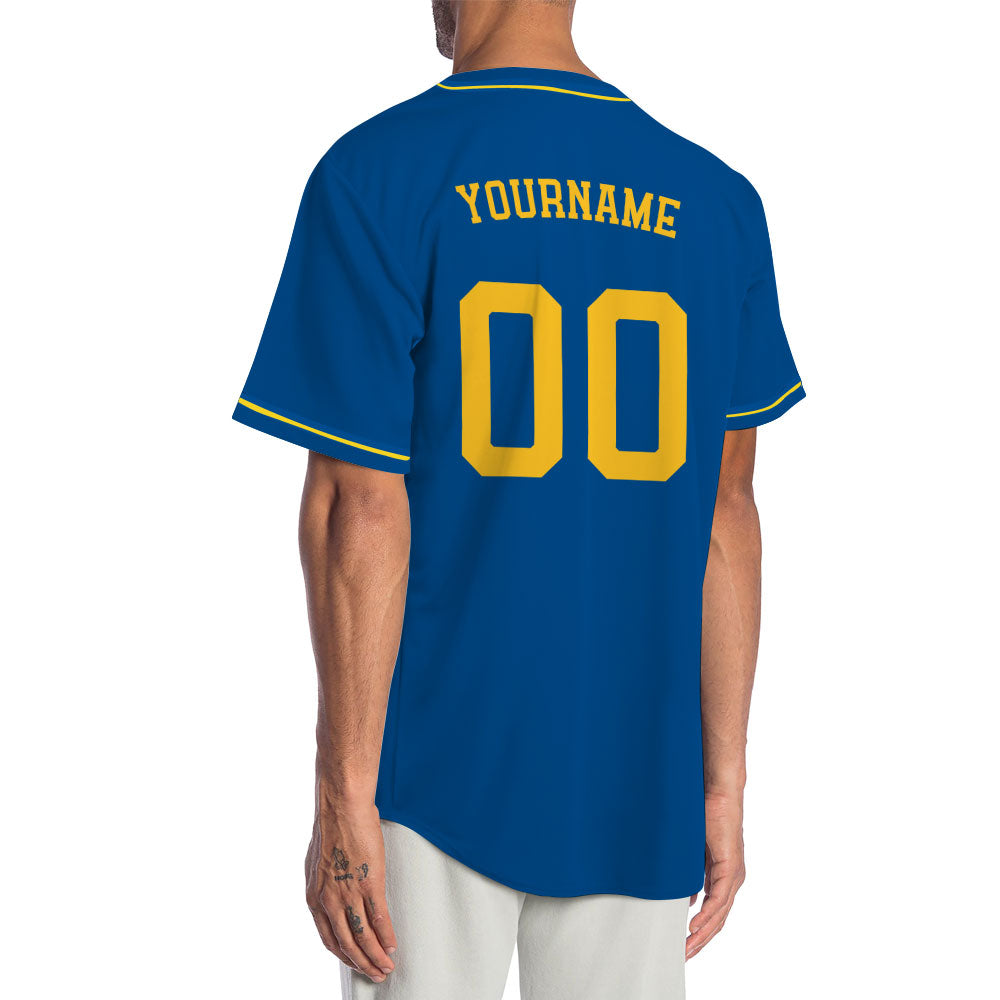Custom Baseball Jersey with Navy Blue Base featuring Yellow Lettering and Piping