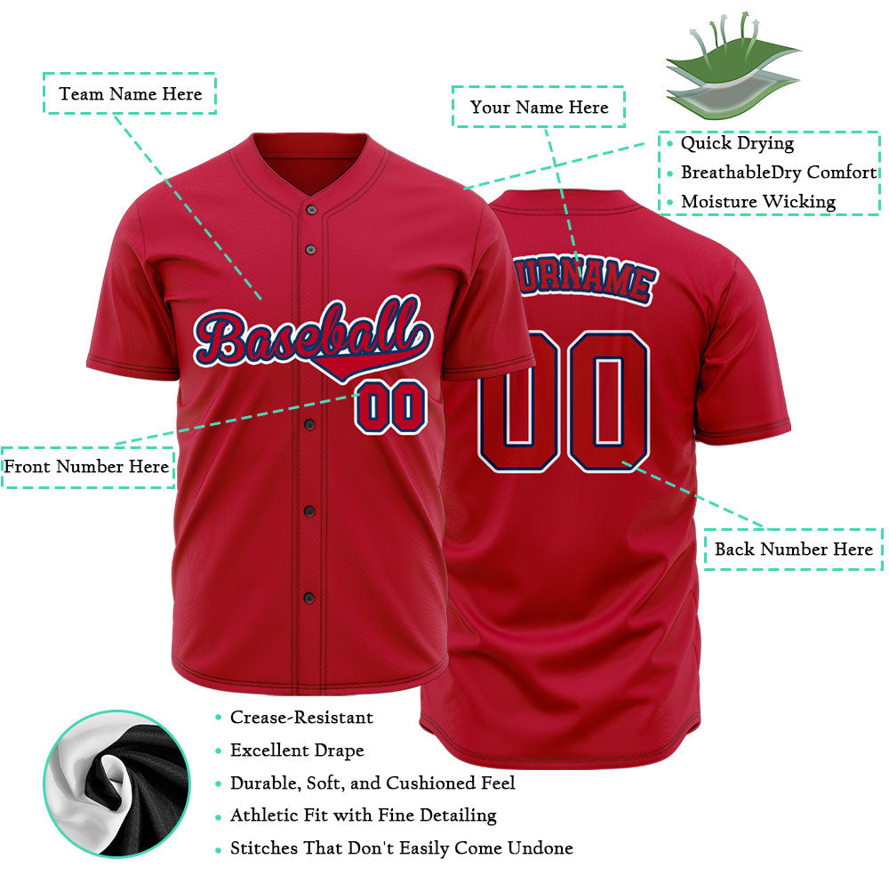 Custom Baseball Jersey with Solid Red Base featuring White Lettering with Blue Outline
