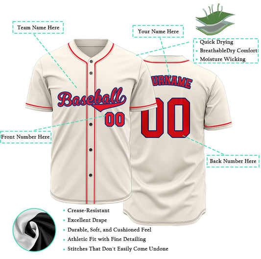 Custom Baseball Jersey with Cream Base featuring Red Lettering with Blue Outline