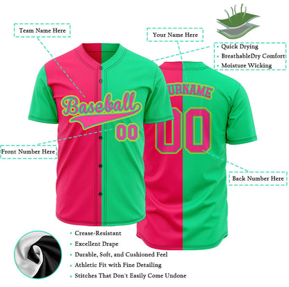 Custom Split Color Baseball Jersey with Neon Green and Hot Pink Panels featuring Yellow Outline Lettering