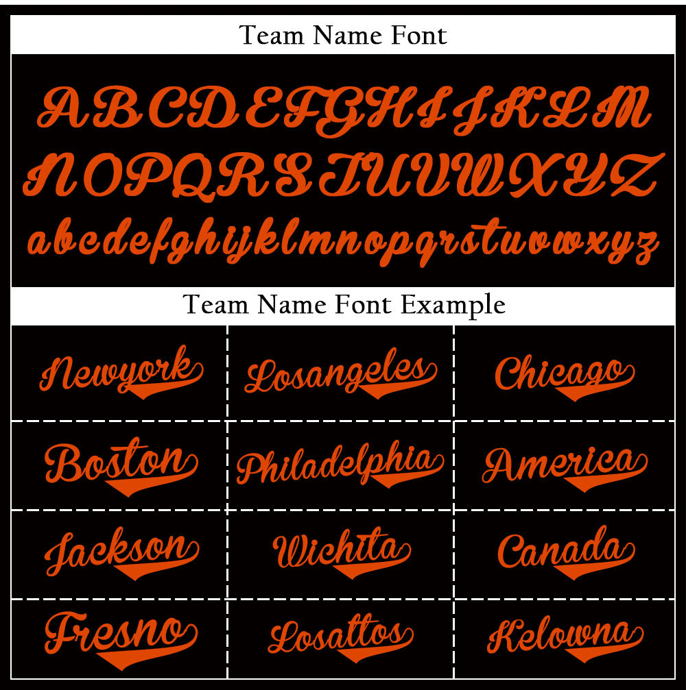 Custom black baseball jersey with orange lettering and piping