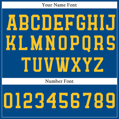 Custom Baseball Jersey with Navy Blue Base featuring Yellow Lettering and Piping