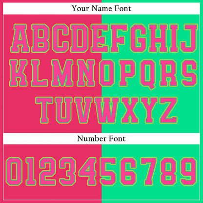 Custom Split Color Baseball Jersey with Neon Green and Hot Pink Panels featuring Yellow Outline Lettering