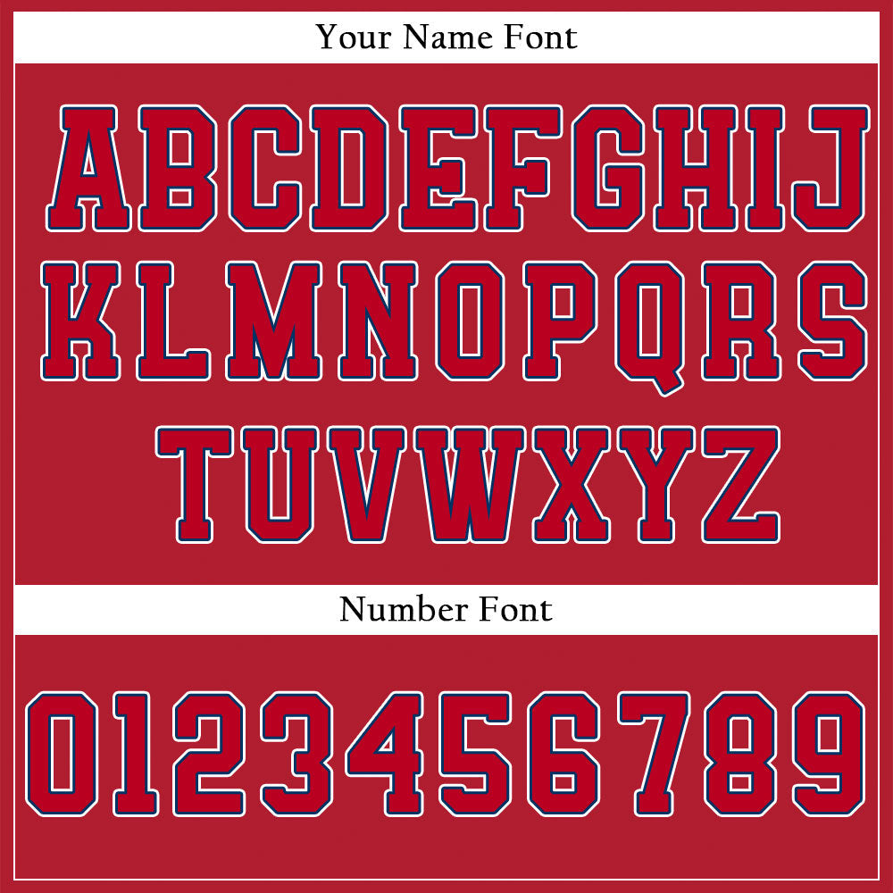 Custom Baseball Jersey with Solid Red Base featuring White Lettering with Blue Outline