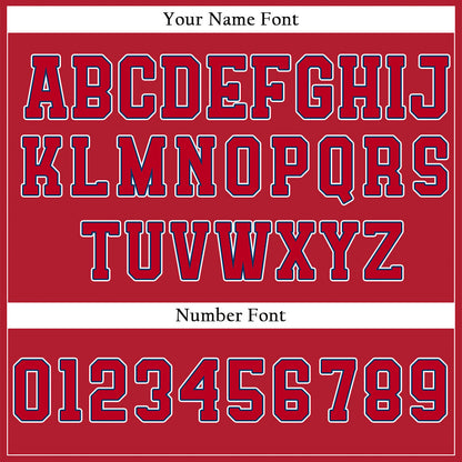 Custom Baseball Jersey with Solid Red Base featuring White Lettering with Blue Outline