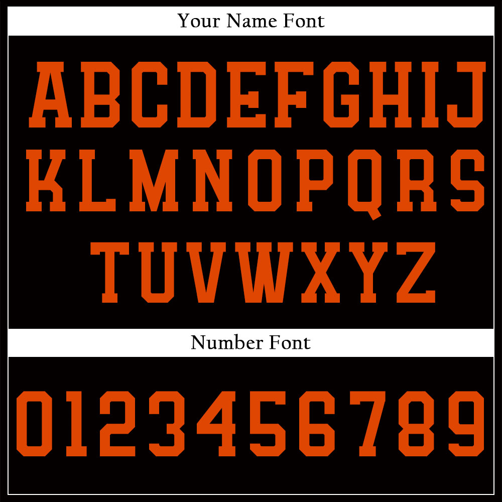 Custom black baseball jersey with orange lettering and piping