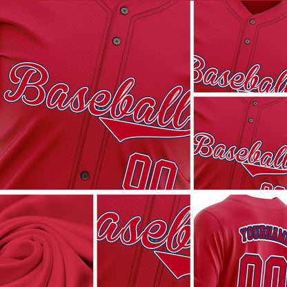 Custom Baseball Jersey with Solid Red Base featuring White Lettering with Blue Outline