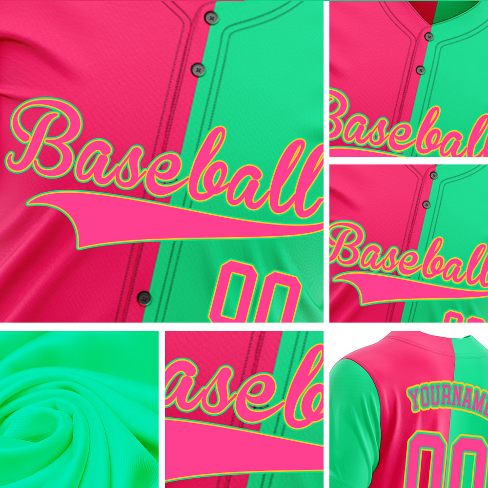 Custom Split Color Baseball Jersey with Neon Green and Hot Pink Panels featuring Yellow Outline Lettering