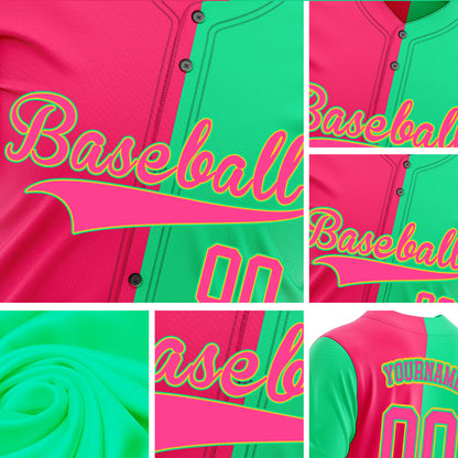 Custom Split Color Baseball Jersey with Neon Green and Hot Pink Panels featuring Yellow Outline Lettering