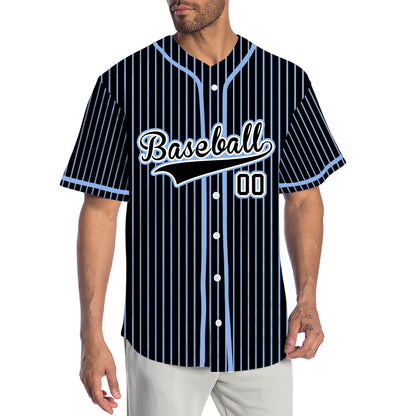 Black and Light Blue Striped Custom Baseball Jersey